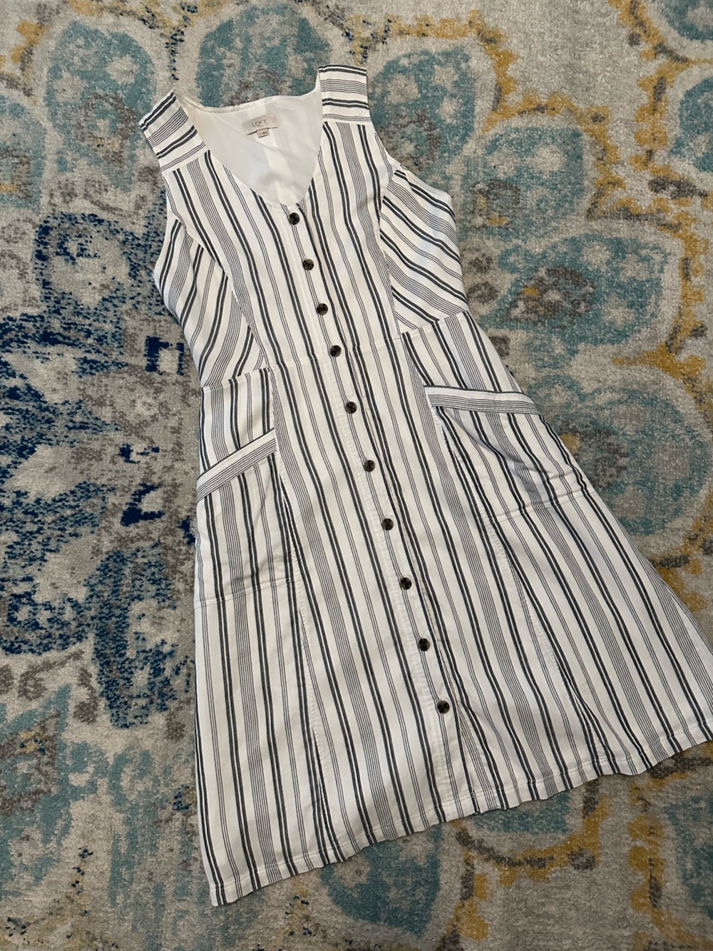 LOFT White and Navy Striped Sleeveless Button-Front Midi Dress - Picture 1 of 3